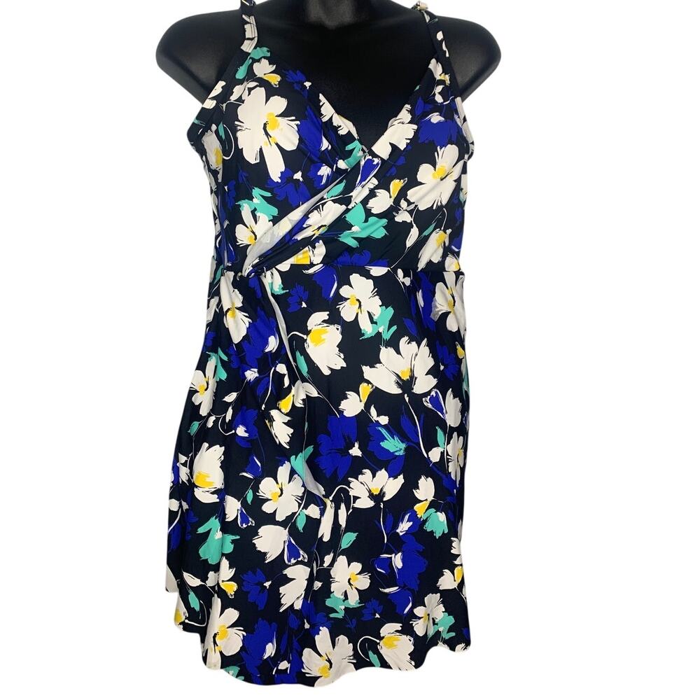 Liz Claiborne Women's 12 Swim Dress Garden Bloom Blue, Black, Yellow Floral NEW